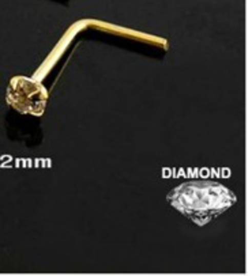 14Kt Gold and 2mm Diamond L Shaped Nose Stud